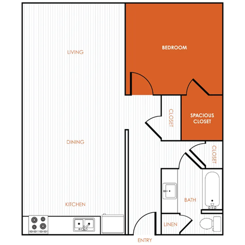 Floor plan for 1 bed, 1 bath, 696 sqft